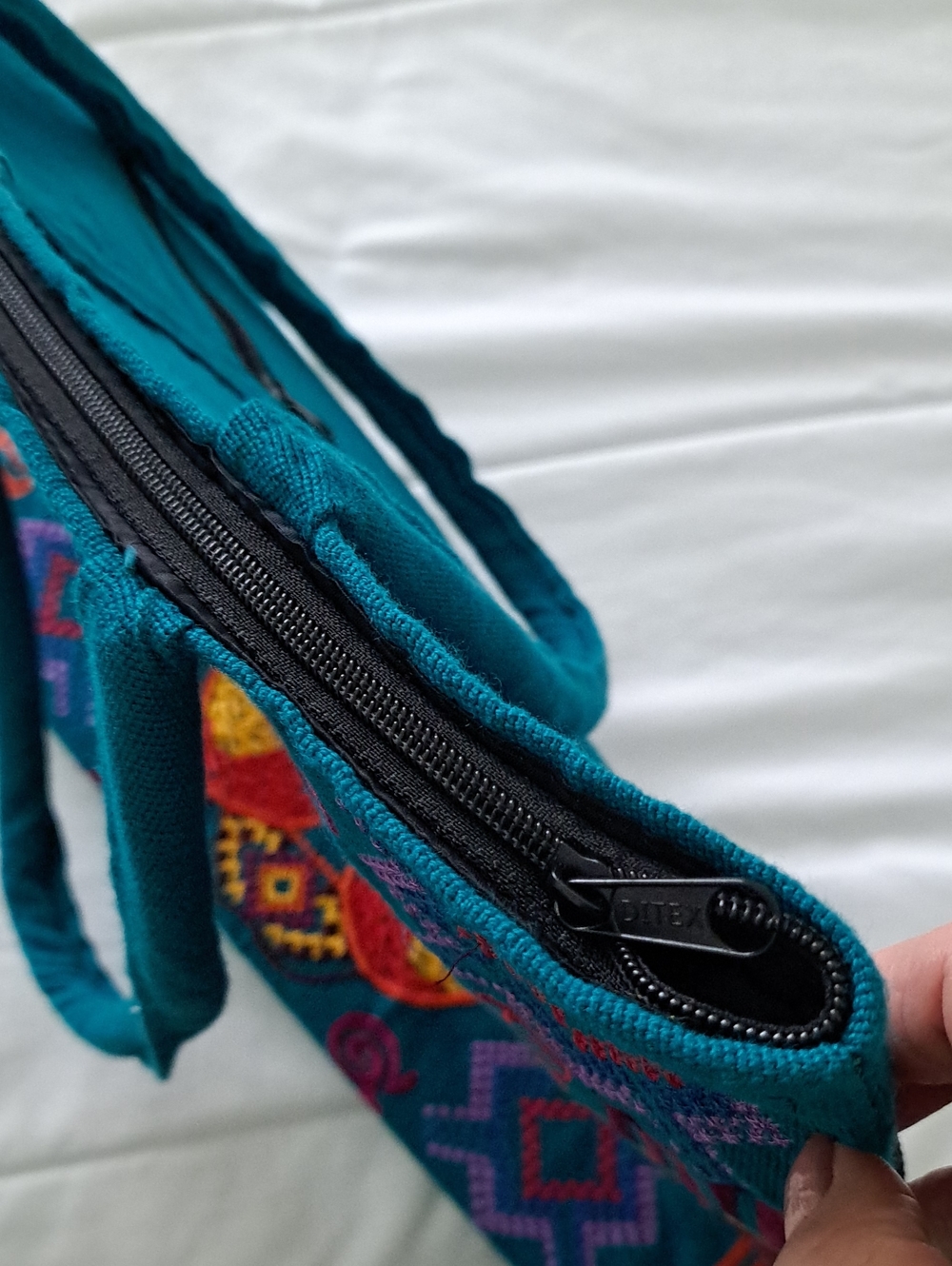 Teal Embroidered Tiger Tote Bag Colorful Tribal Top Zipper Two Back Compartment - Picture 9 of 14